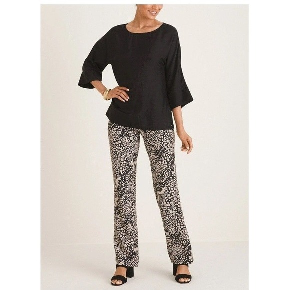 Chico's Black Label Pants Size 10 Silk Blend Elastic Waist NWT Black Beige